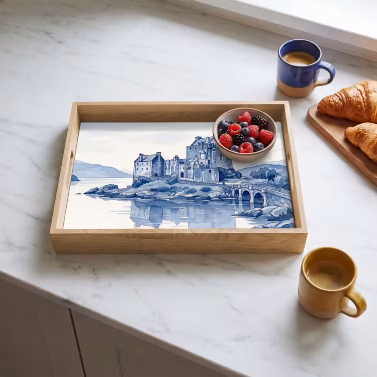 Vassoio - Scozia - Castello - Blu - Acquerello — 3