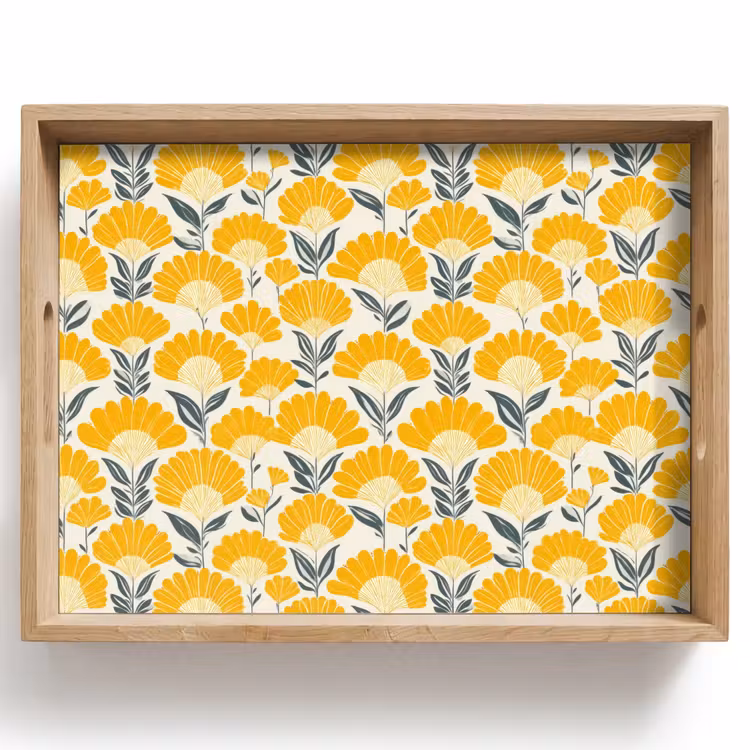 Vassoio - Fiori - Retrò - Botanico - Giallo ocra - Grigio — 1