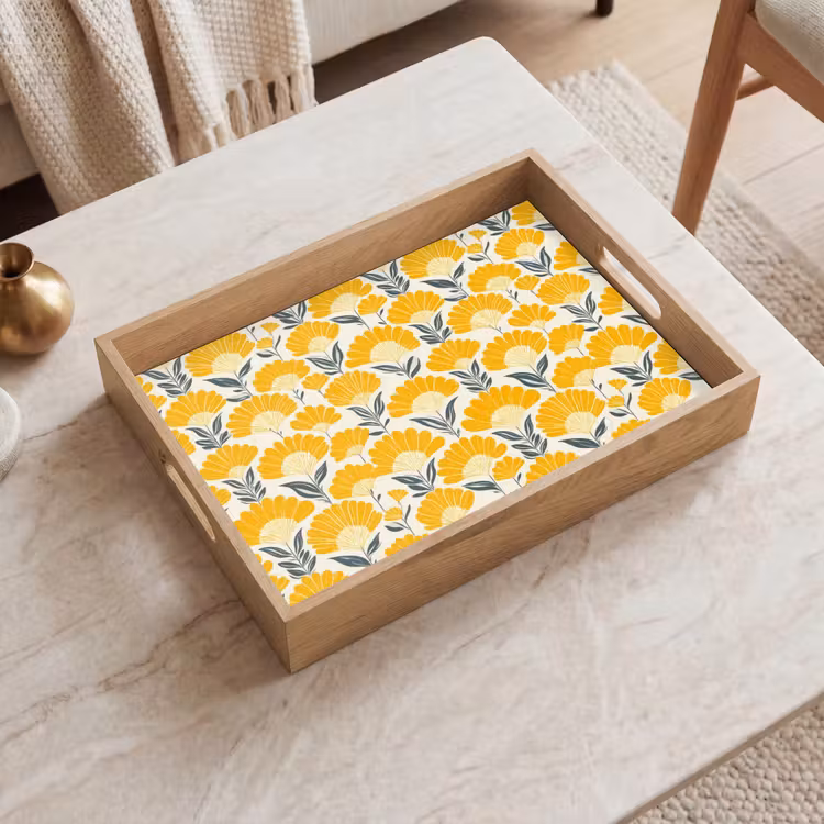 Vassoio - Fiori - Retrò - Botanico - Giallo ocra - Grigio — 2