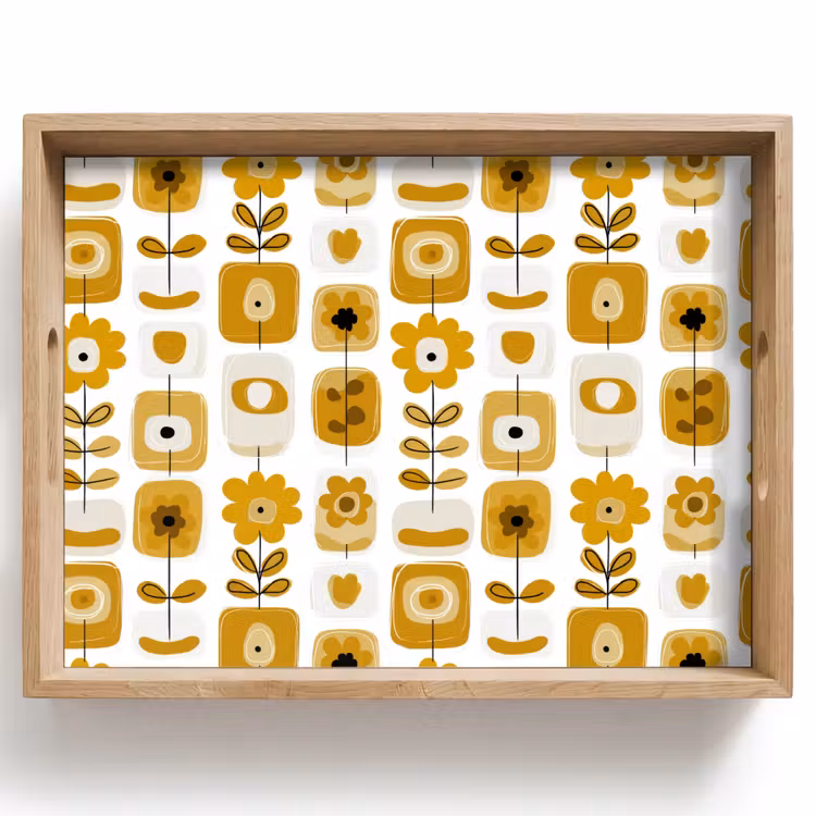 Vassoio - Retro - Astratto - Fiori - Giallo ocra — 1