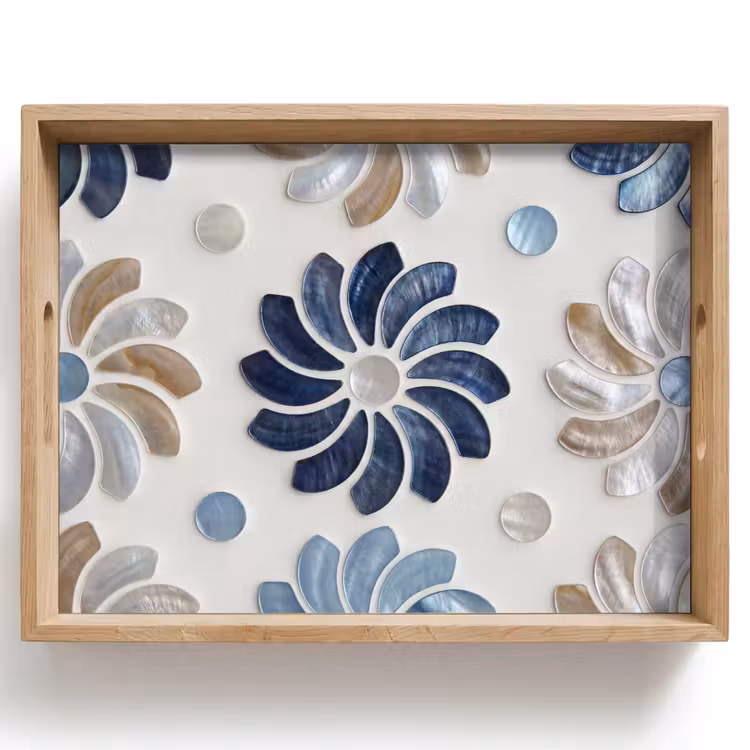 Vassoio - Fiori - Madreperla - Astratto - Motivo - Blu — 1