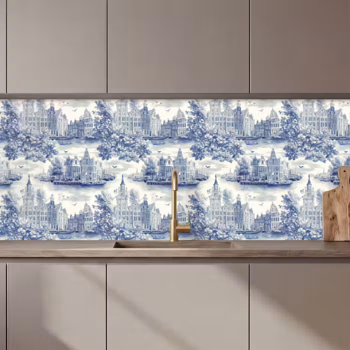 Schienale cucina - Case - Alberi - Acqua - Uccelli - Blu